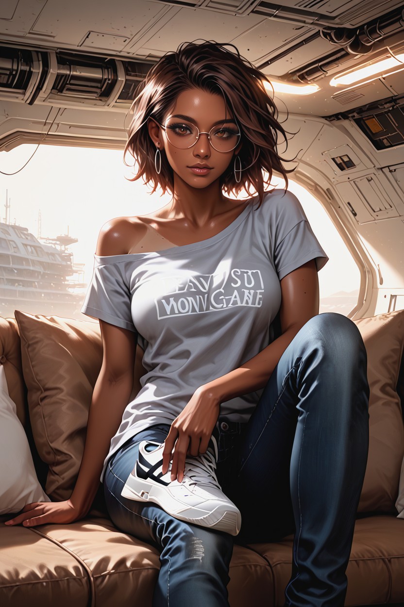 Brown Eyes, Oversized Grey T-shirt, Cozy Corner With Couch Natural Anatomy Hentai AI Porn