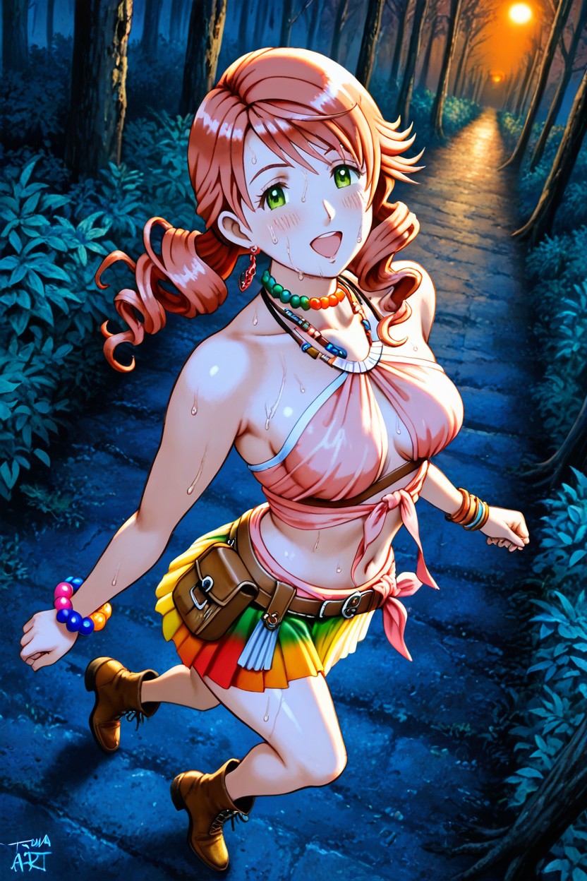 Pale Orange Colored Halter Top With Colorful Beads, Waist Shot, Swaying Arms Hentai AI Porn