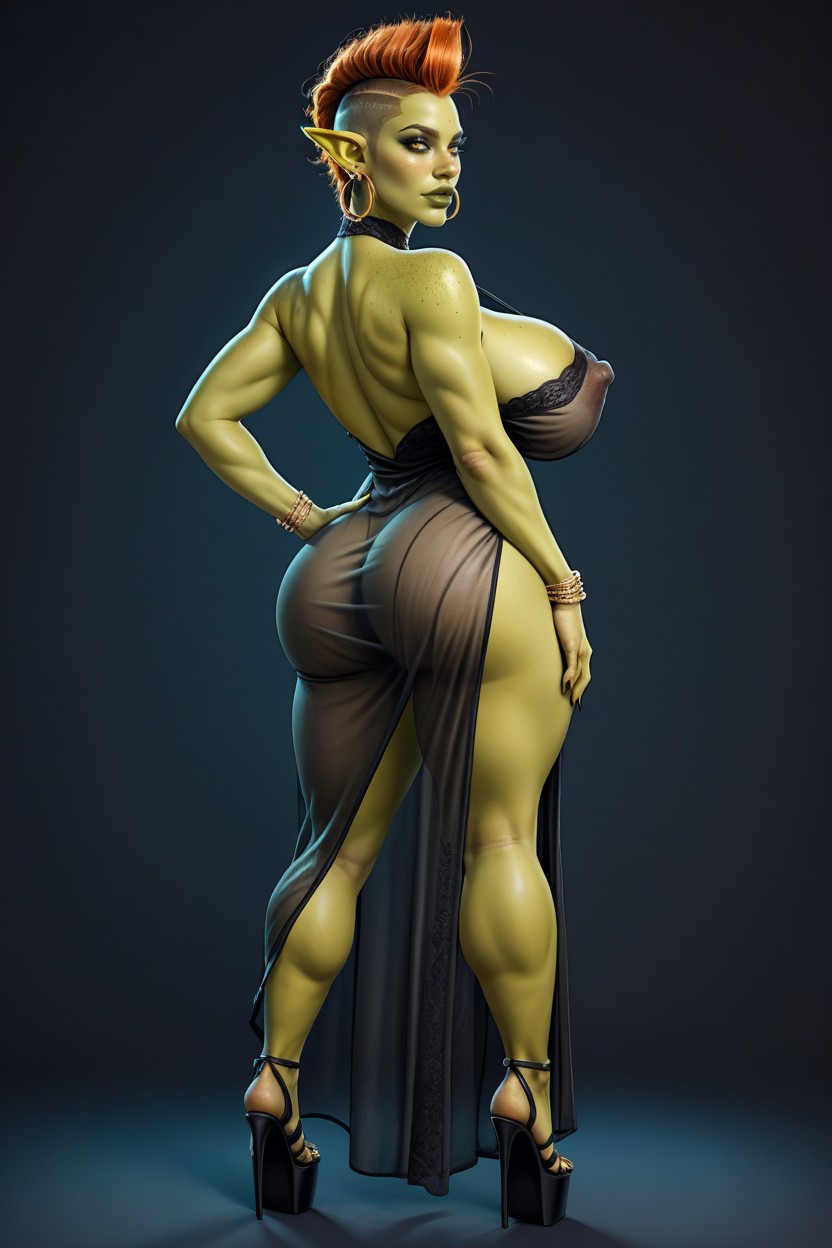 Night, Ginger Hair, Dark Green Body Freckles Hentai AI Porn