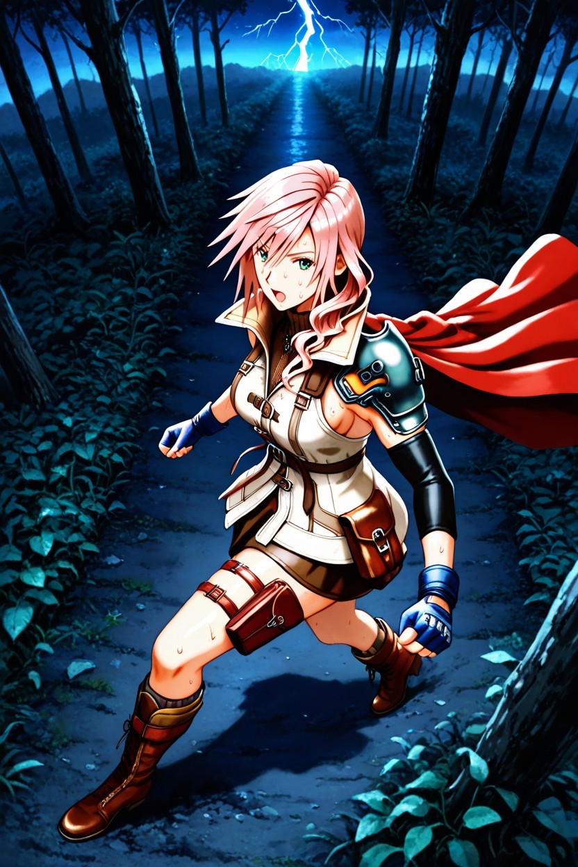 Night Time, Black Spandex Sleeve On Left Arm, Brown Leather Straps And Buckles On Torso Hentai AI Porn