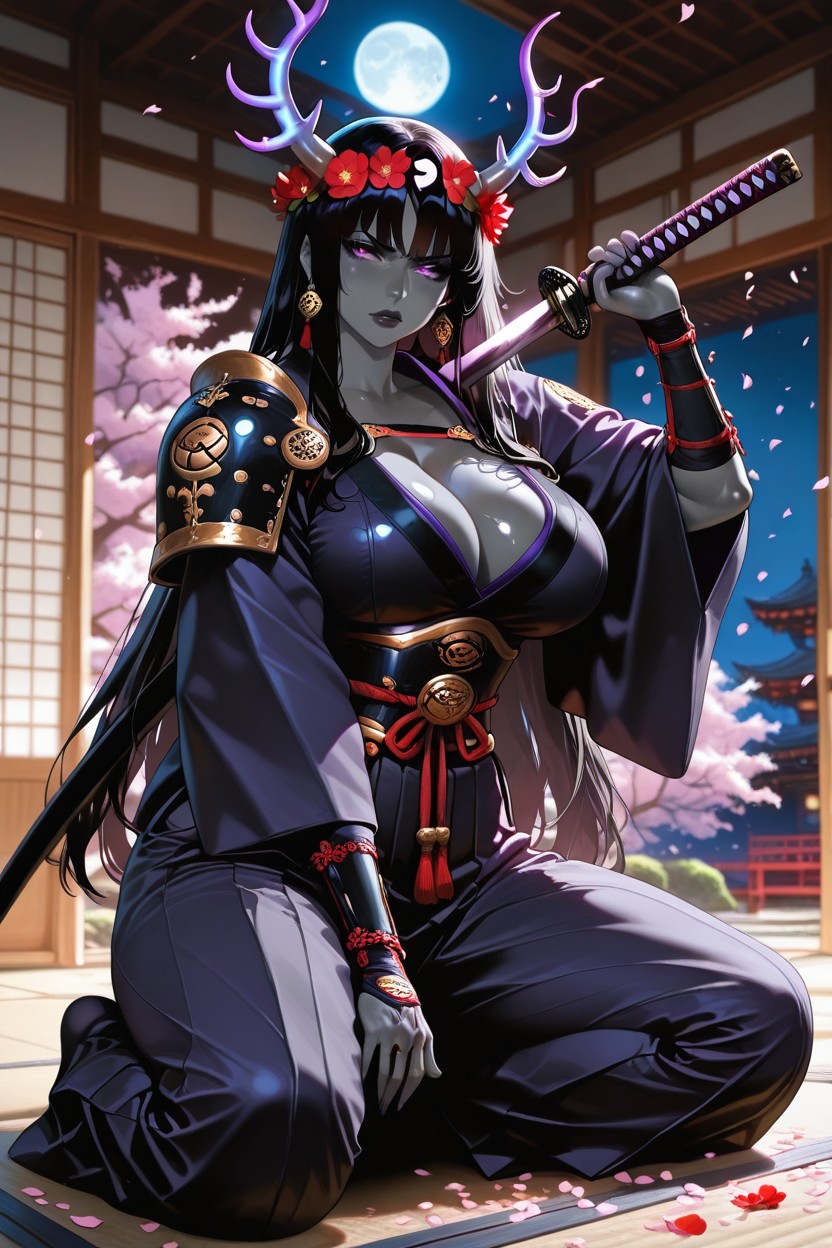 Wearing Ornate Samurai Armor, Demon Woman, Cool Night Air Drifting In From Outside Hentai AI Porn