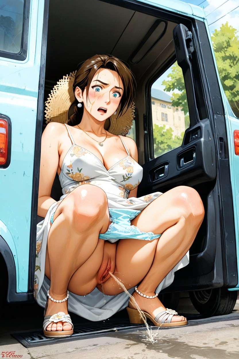 Cotton Panties Pulled Down To The Legs, Dripping Urine, In A Half-squat Hentai AI Porn