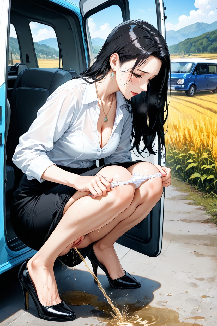 Squatting Very Close To Minivan, Small Breasts, Skinny Hentai AI Porn