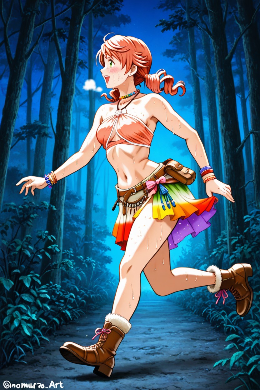 Long Beaded Accessories Hung On Belt, In Heat Expression, Pink Ribbon Sash Tied On Waist Hentai AI Porn