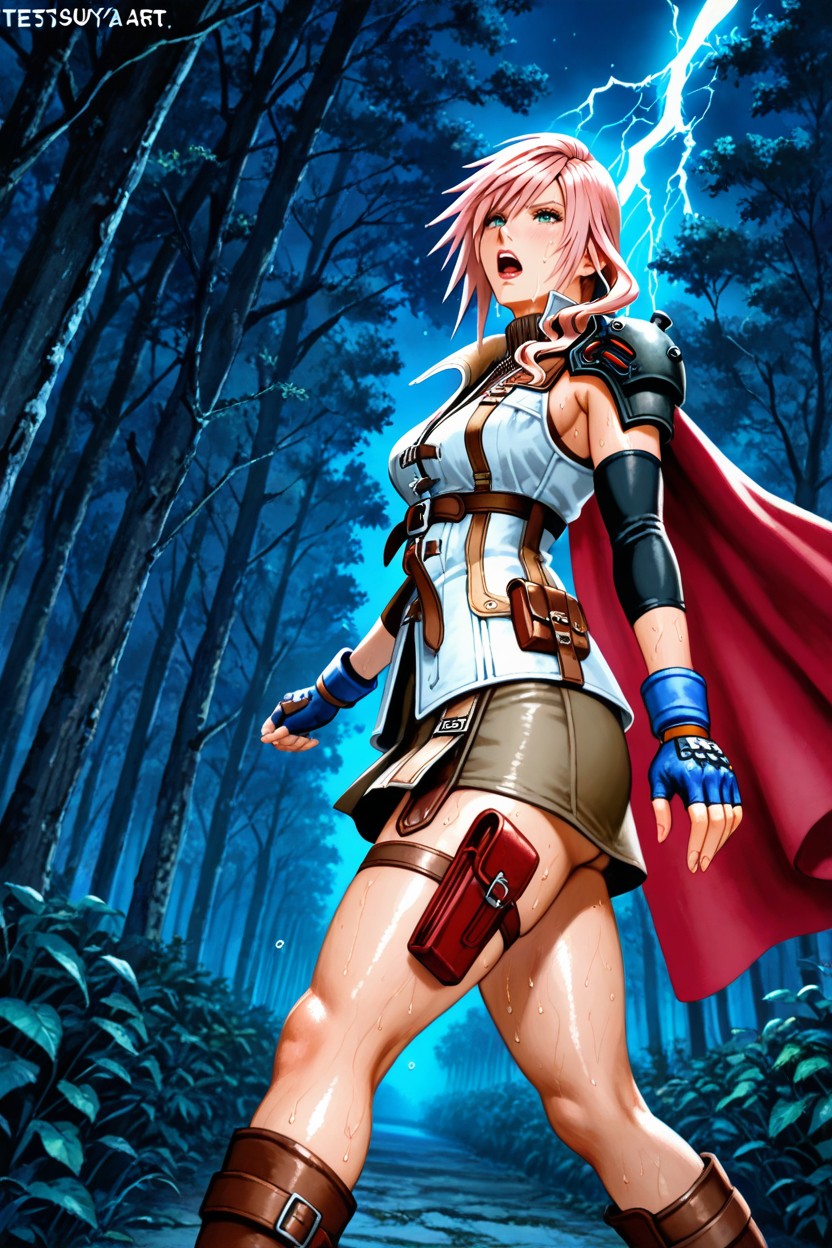 Pale Blue Wrist Length Fingerless Gloves, Black Spandex Sleeve On Left Arm, Small Breasts Hentai AI Porn
