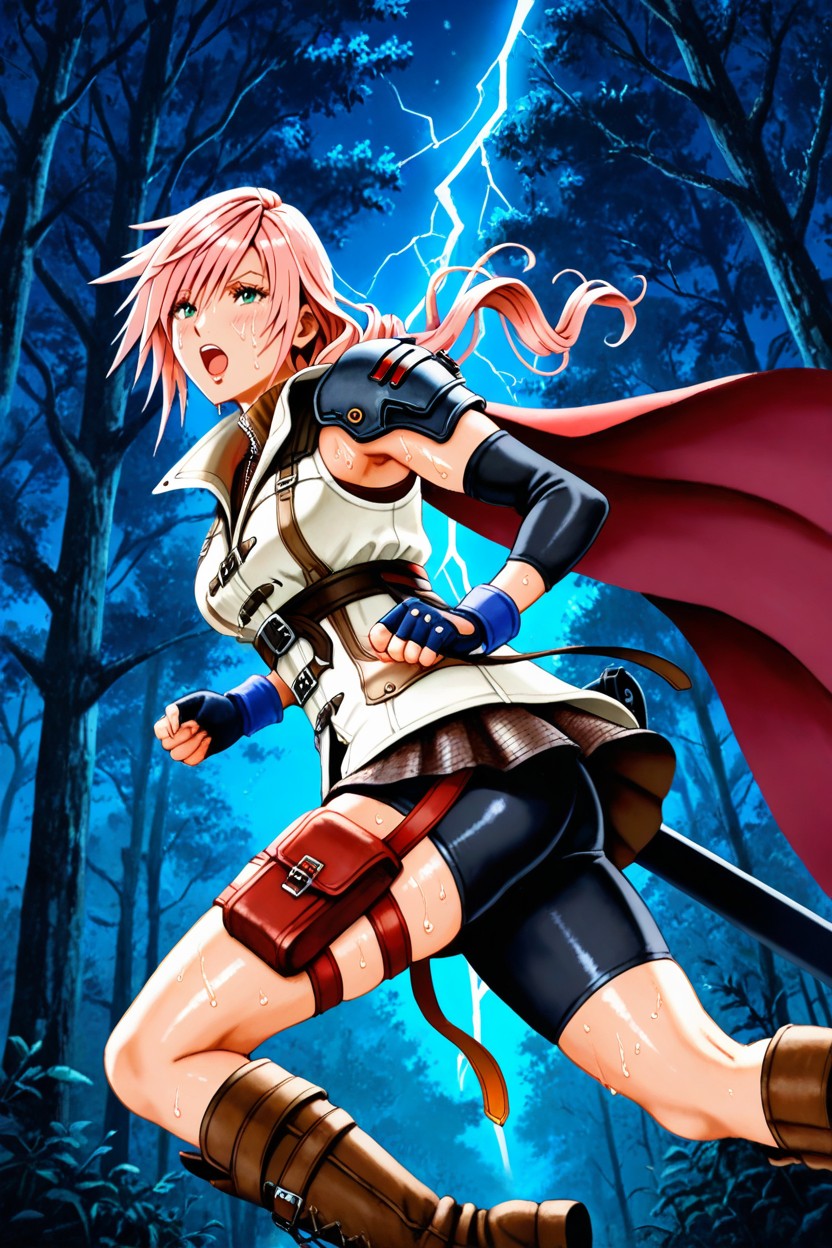 Plain Brown Skirt, Wide Utility Belt, Side View Hentai AI Porn