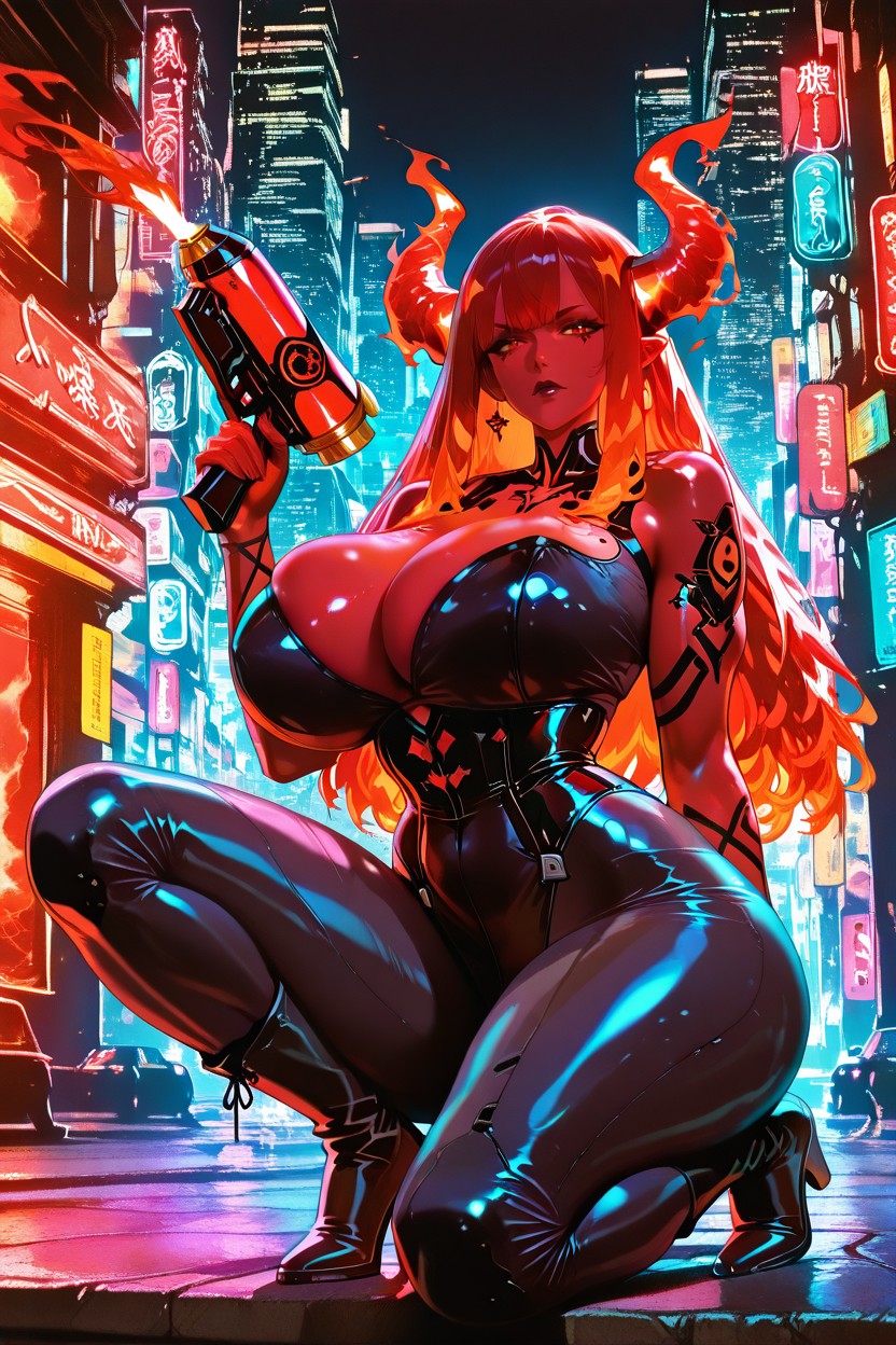 Beautiful Demon Woman, Plasma-lined Armored Corset, Fluffy Hentai AI Porn