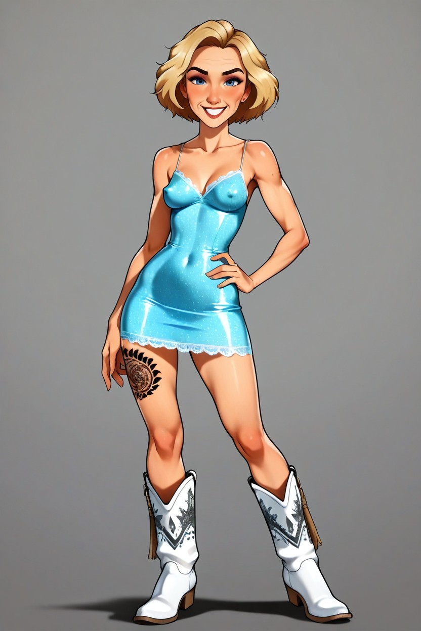 Big Blue Eyes, Skin Tight Dress, Tattoo On Left Thigh Hentai AI Porn