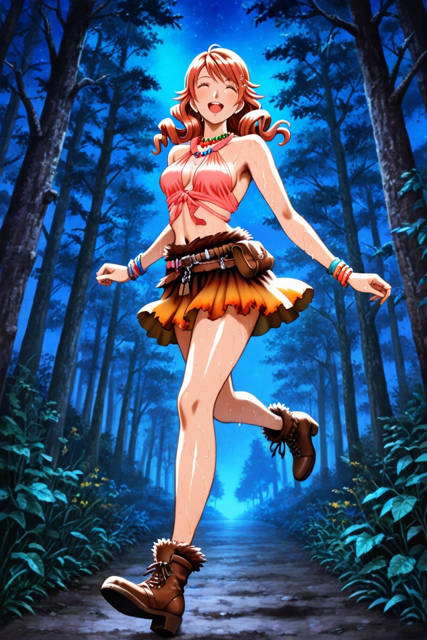Light Orange Colored Halter Top With Colorful Beads, 25+, Orange And Brown Gradient Skirt On Waist Hentai AI Porn