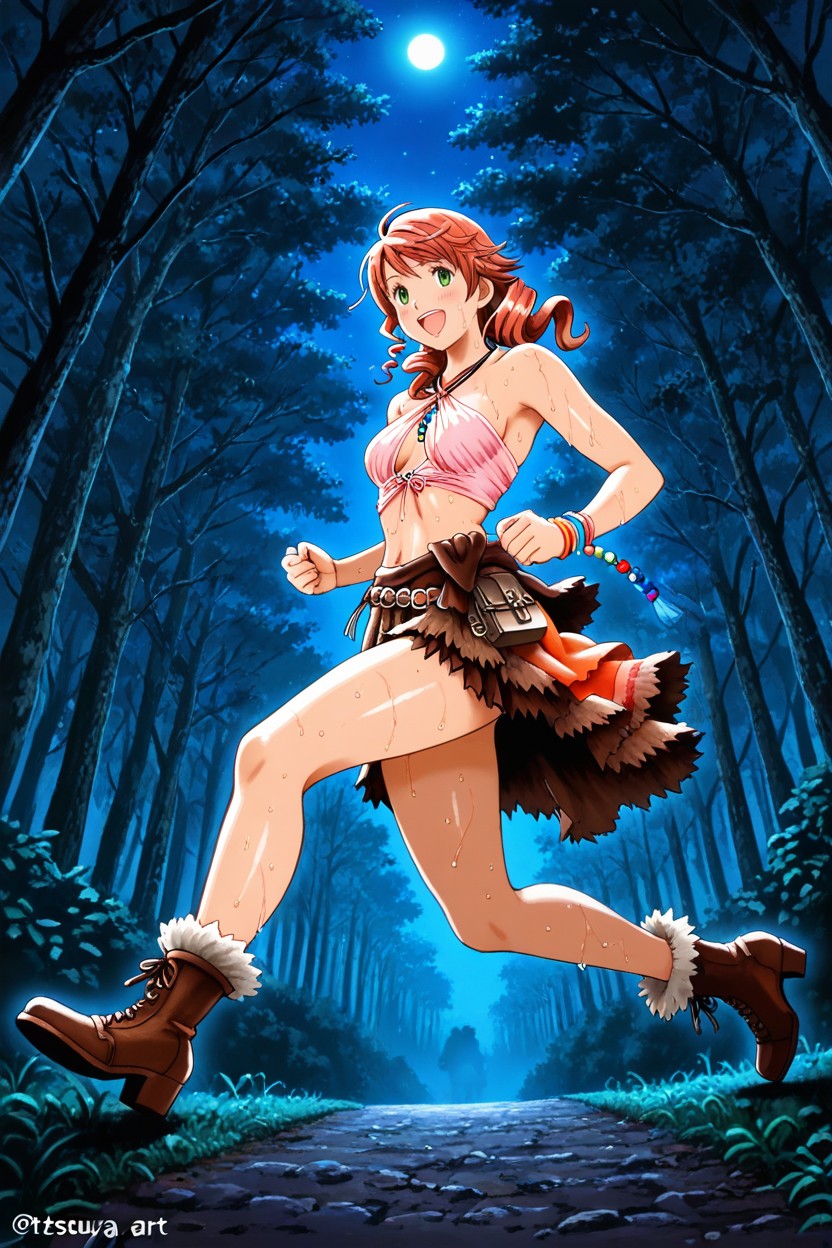 Soft Lighting, Smiling, Orange And Brown Gradient Ruffled Skirt With Front Slit Hentai AI Porn