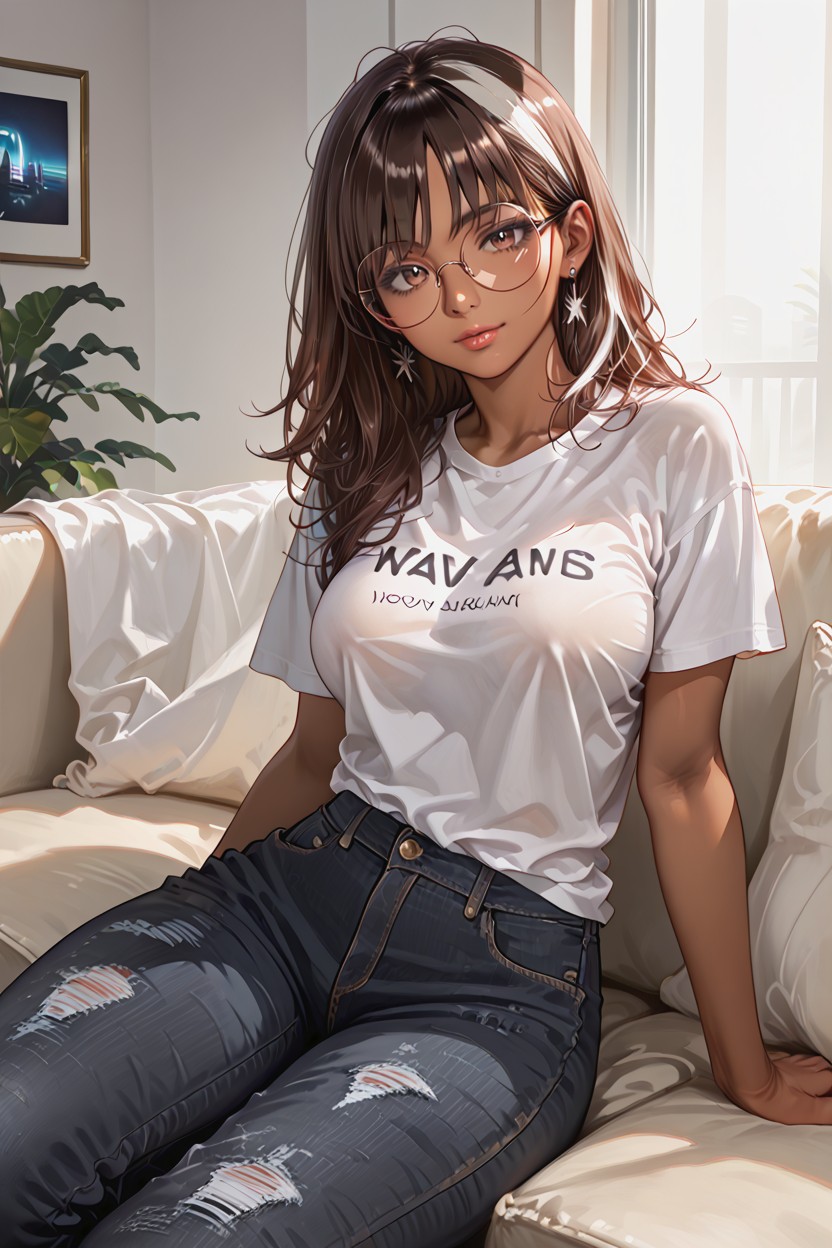 Loose T-shirt, Soft Shadows, Oversized Grey T-shirt Hentai AI Porn