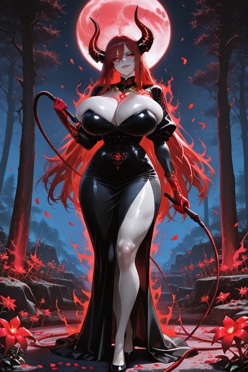 Ancient Forbidden Garden Overrun By Cursed Flora, Crimson Lunar Halo Illuminating The Cursed Garden, Big Tits Hentai AI Porn