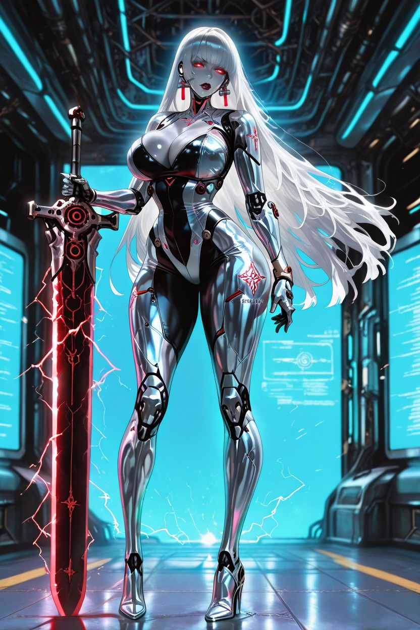Cleavage, Long Flowing Metallic Hair, Silver Metallic Skin Hentai AI Porn