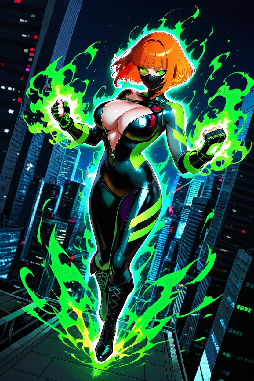 Glowing Green Eyes, Charming, Ginger Woman With Dark Orange Hair Hentai IA