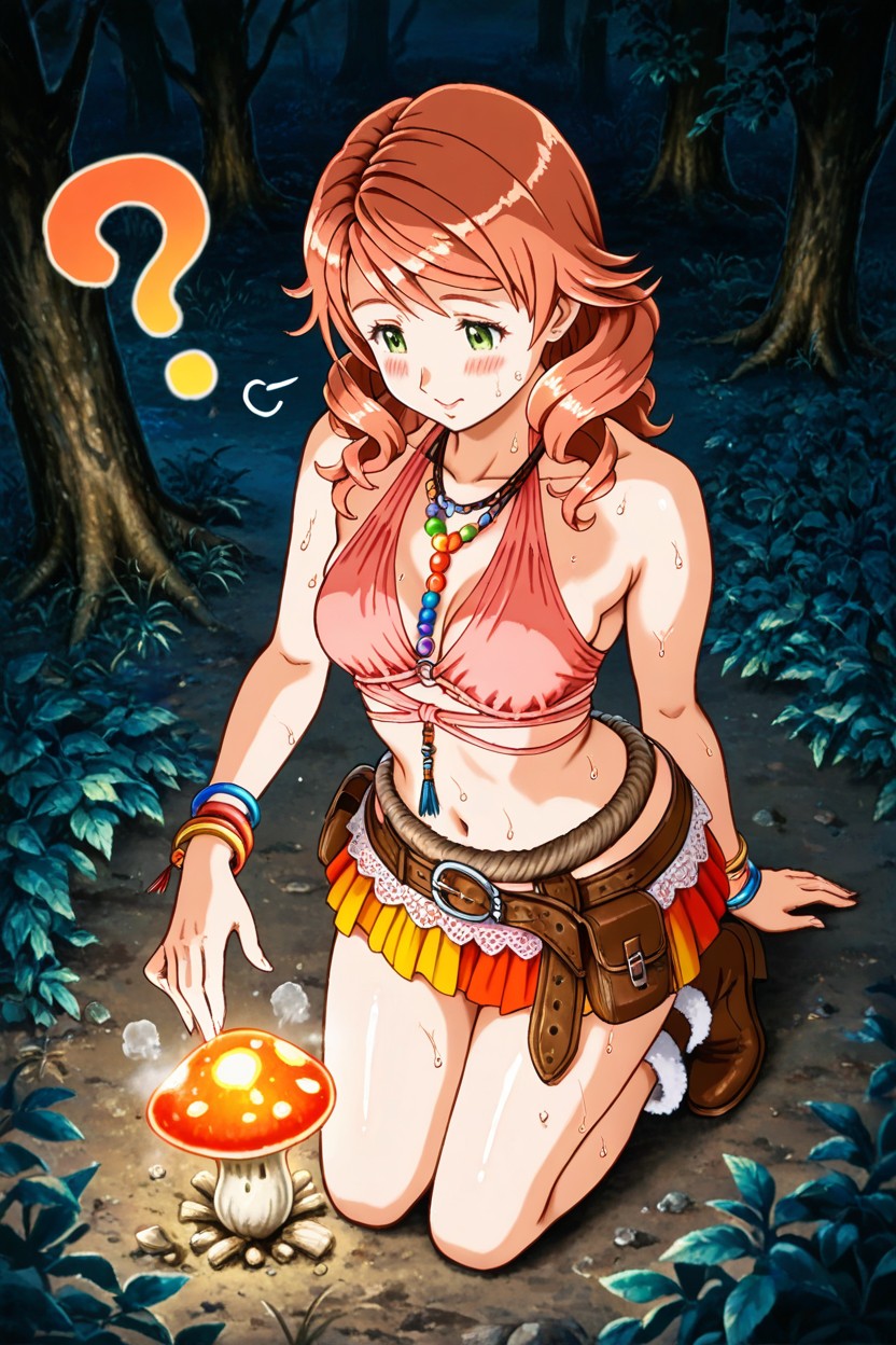 Thick Vegetation, Mini Falda, Multiple Colorful Bracelets And Bangles On Both Wrists Hentai IA