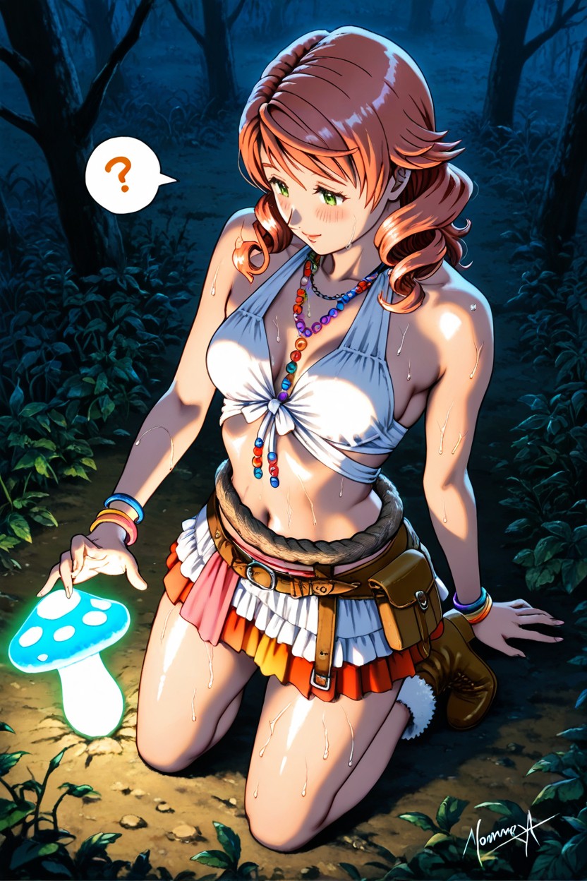 Question Mark Effect, Brown Fur Wrap On Waist, Kneeling Hentai AI Porn