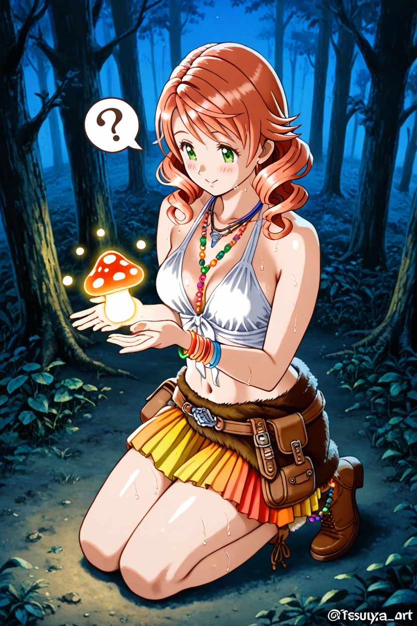 Colorful Beaded Multi Strand Collar Necklaces, Brown Fur Wrap On Waist, Night Time Hentai IA