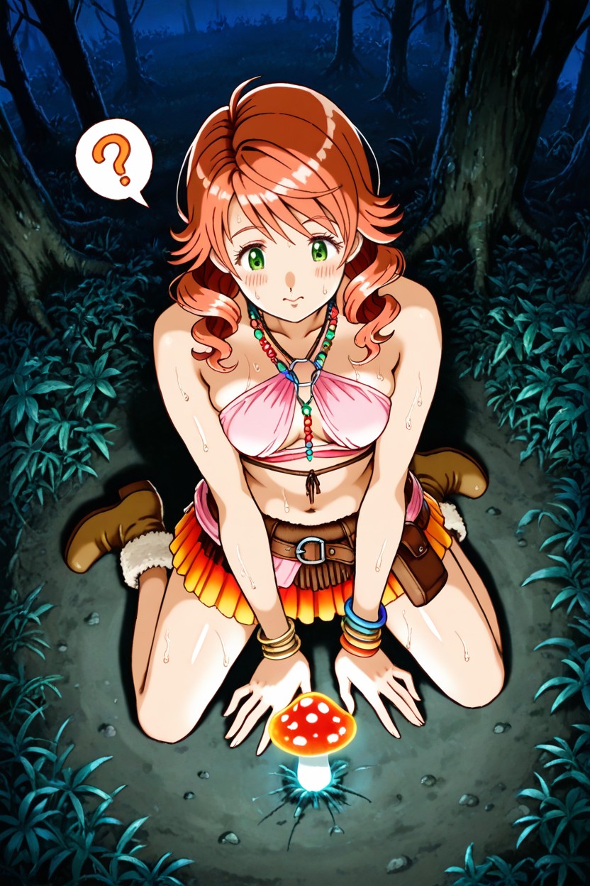 Kneeling, Sweaty Skin, Multiple Colorful Bracelets And Bangles On Both Wrists Hentai IA