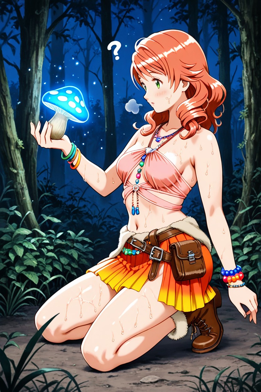 Pink Cloth Belt Tied On Waist, Colorful Beaded Multi Strand Collar Necklaces, Mist Hentai AI Porn