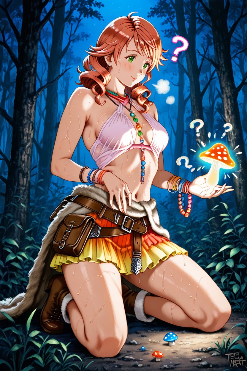 Light Orange Colored Halter Top With Colorful Beads, Tetsuya Nomura Art Style, Waist Shot Hentai AI Porn