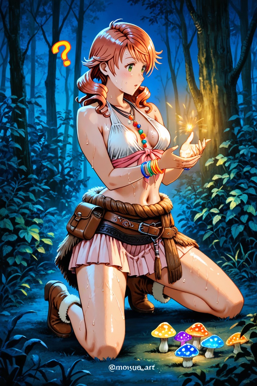 Brown Fur Wrap On Waist, Mini Falda, Multiple Colorful Bracelets And Bangles On Both Wrists Hentai IA