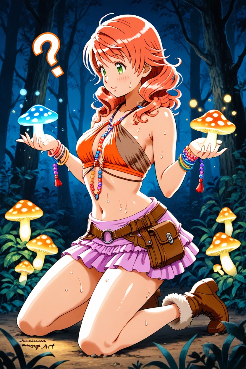 Pechos Pequeños, Orange And Brown Gradient Ruffled Skirt With Front Slit, Kneeling Hentai IA