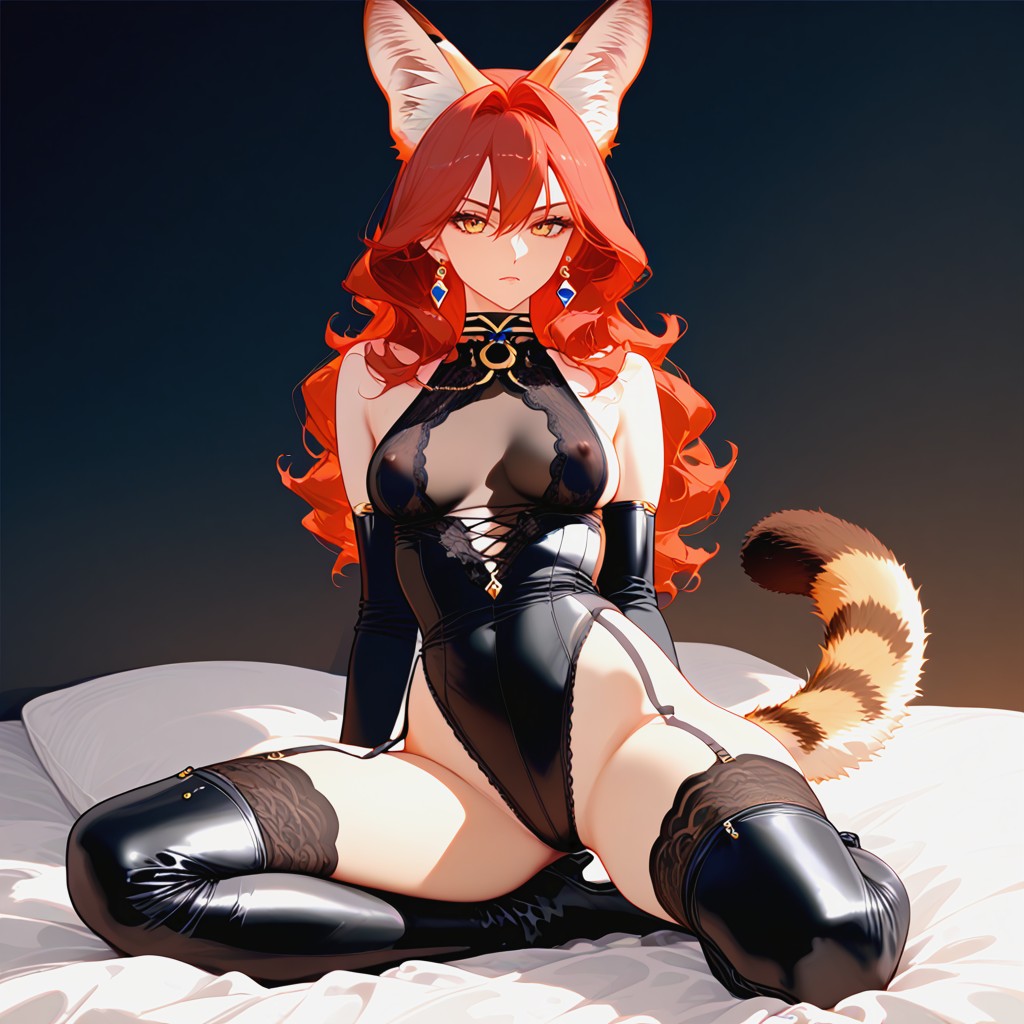 On Bed, Black Leather Leotard, Bodystocking Hentai AI Porn