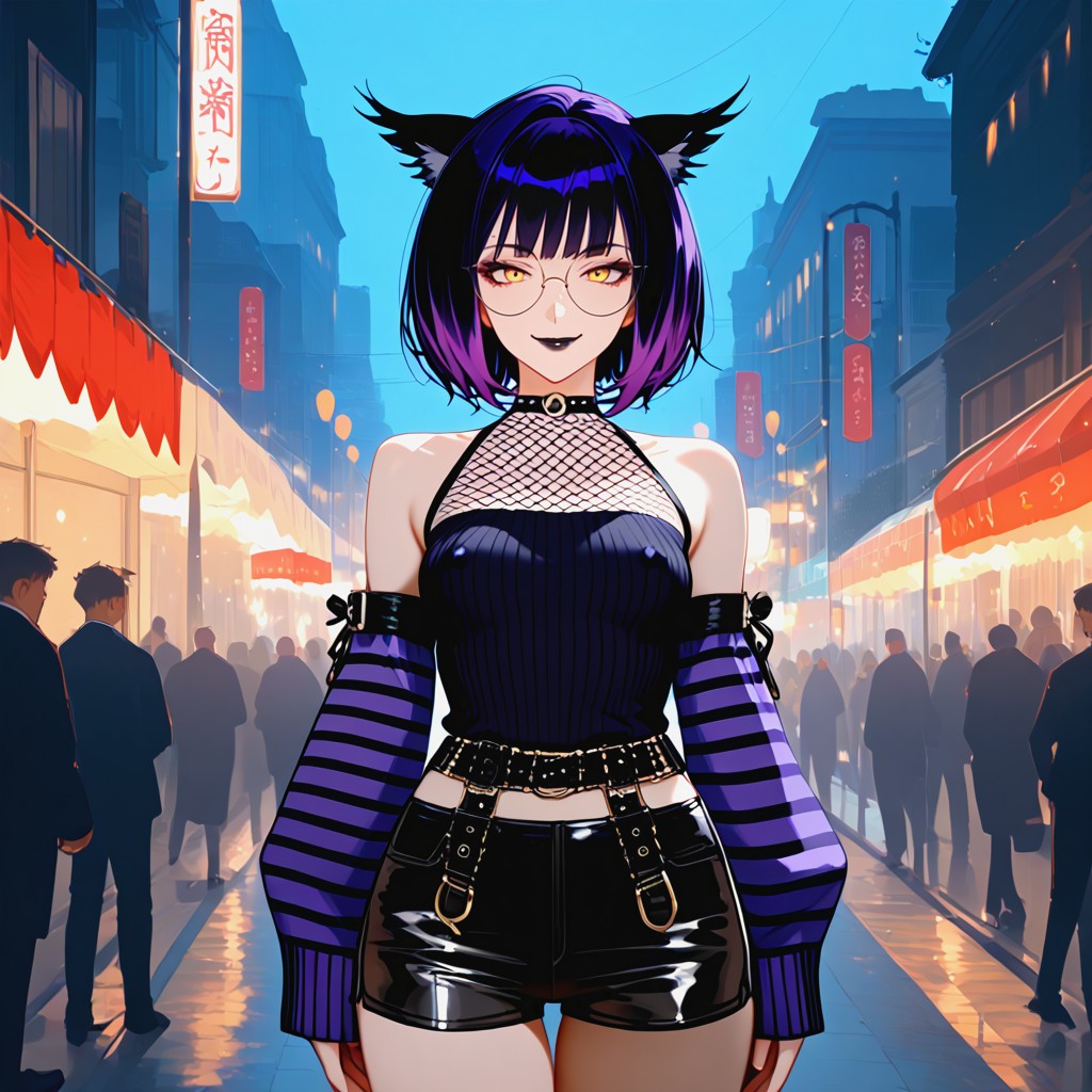 Fishnet, Owl Ears, Night Street Background Hentai AI Porn