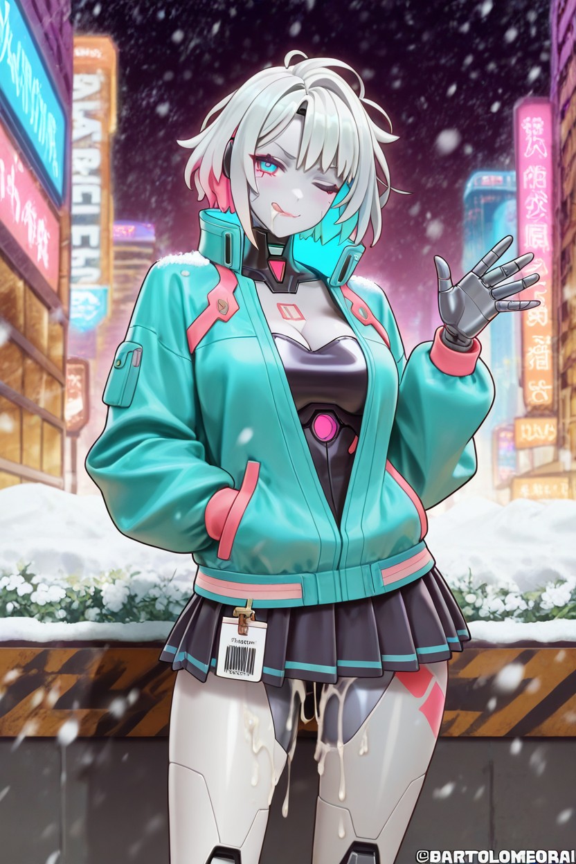 Waving To Viewer, Teal Jacket With High Collar, Standing Hentai AI Porn