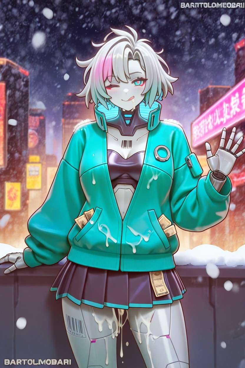 Fully Light Gray Skin, Wink, Mischievous Android Hooker Hentai IA