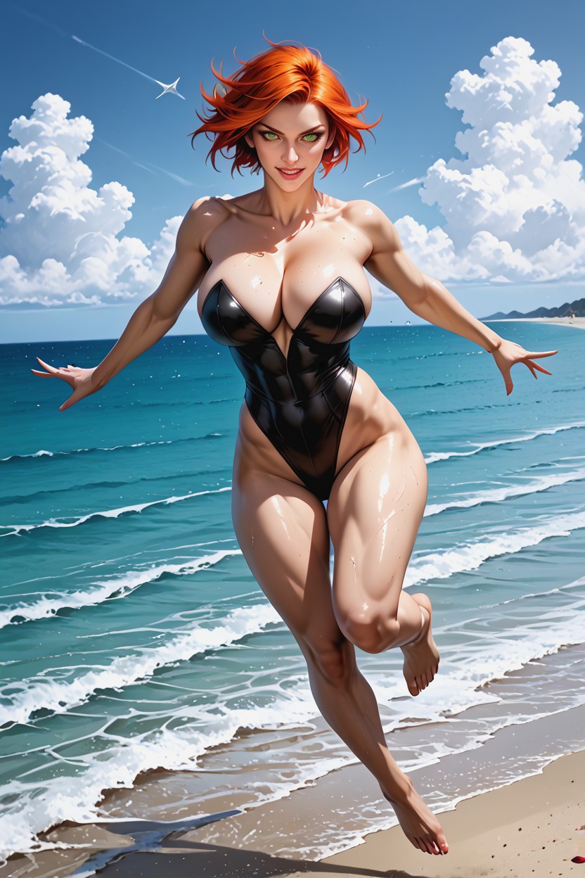 Black Leotard, Large Massive Breasts, Detailed Eyes Hentai IA