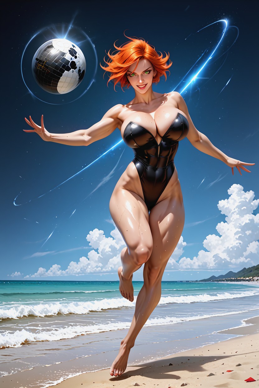 Red Hair, Jumping, Reflective Shiny Skin Hentai IA