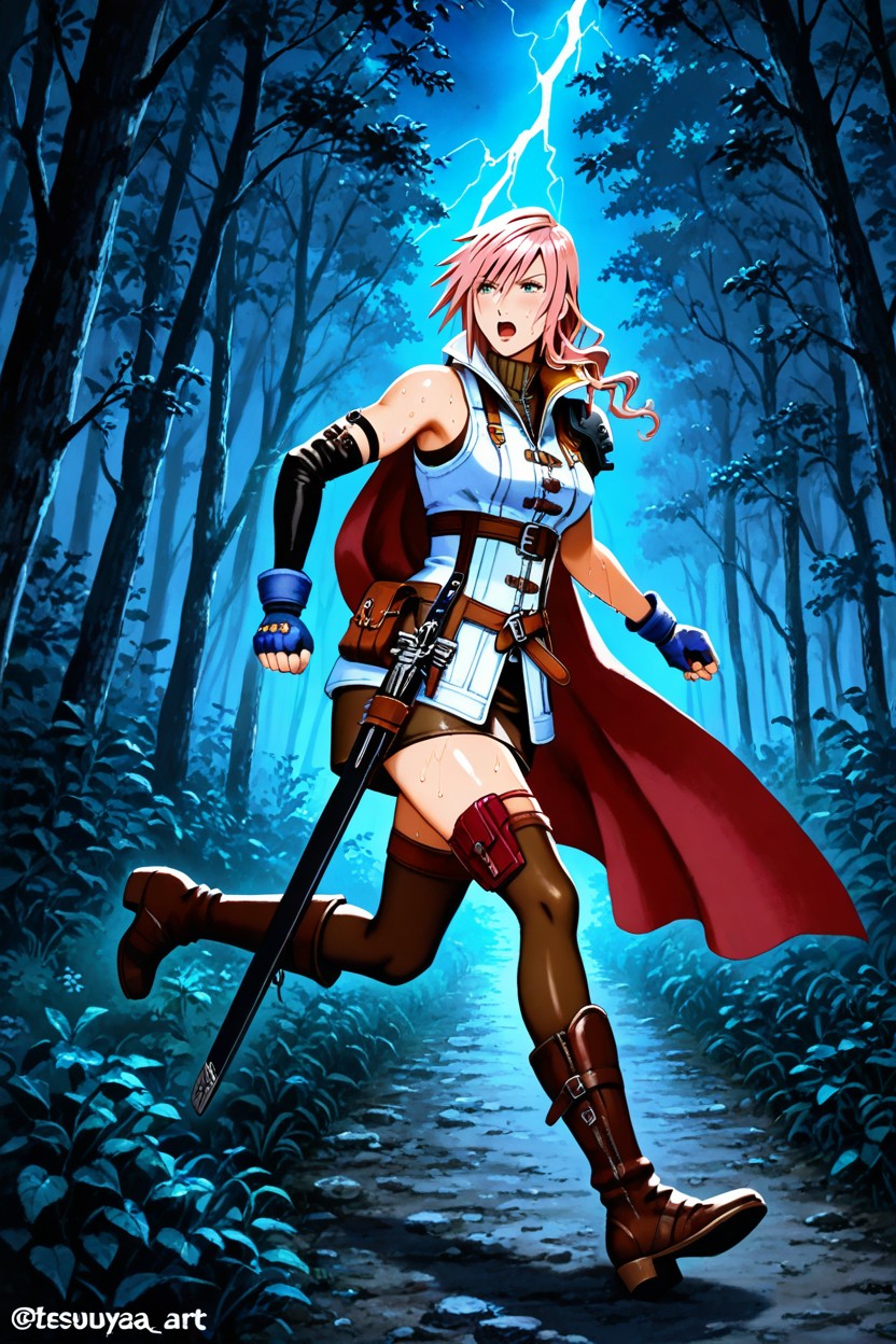 Skinny, Lightning Farron Outfit, Pale Blue Wrist Length Fingerless Gloves Hentai AI Porn