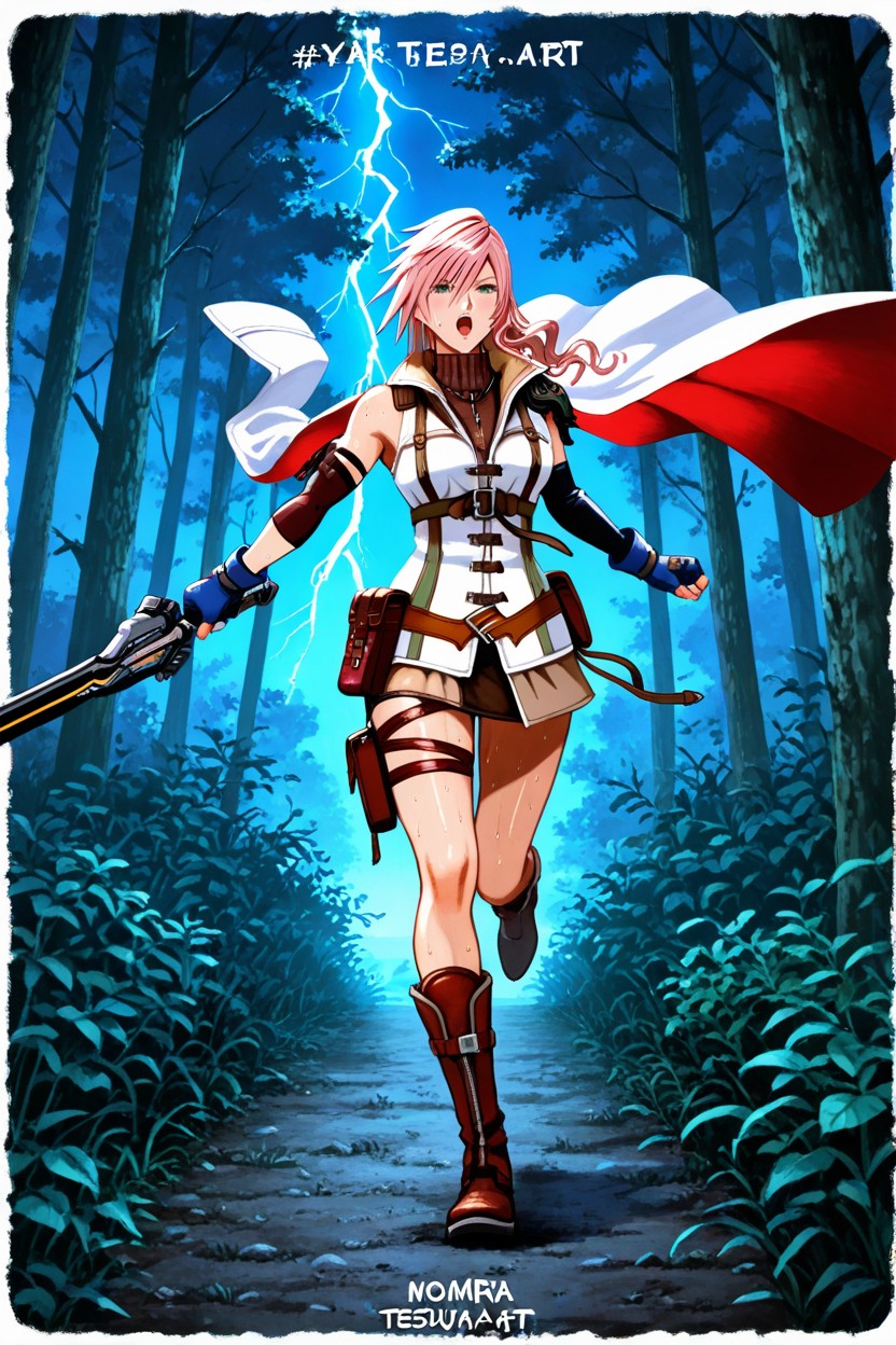 Pouches On Belt, High Black Spandex Sleeve On Left Arm, Foldable Saber On One Hand Hentai IA