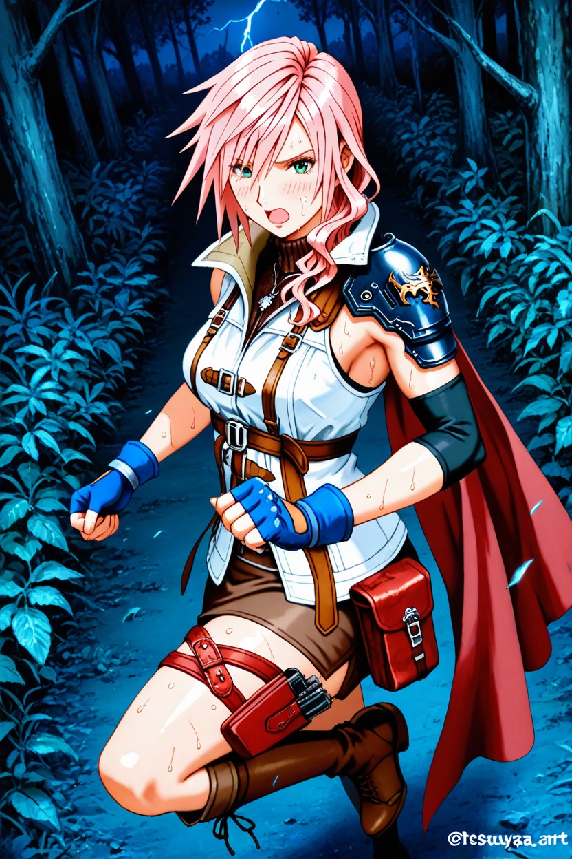 Foldable Saber On One Hand, Armored Shoulder Pad On Left Shoulder, Brown Zippered Turtleneck Sweater Hentai AI Porn