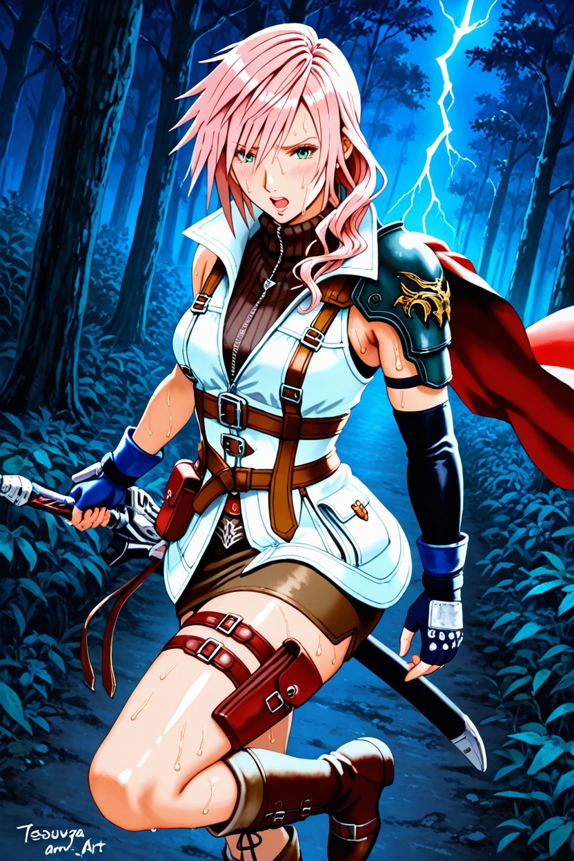 Lightning Farron Outfit, Sleeveless White Military-style Collared Parka, Night Time Hentai IA