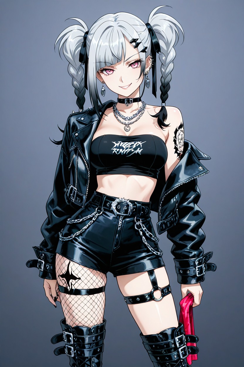 Dangling Earrings, Exposed Midriff Outfit, Split Black And Silver Hair Color Hentai IA