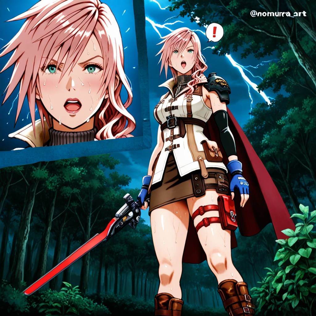 Pouches On Belt, Thigh-high Brown Boots With Metallic Accents, Side View Hentai IA