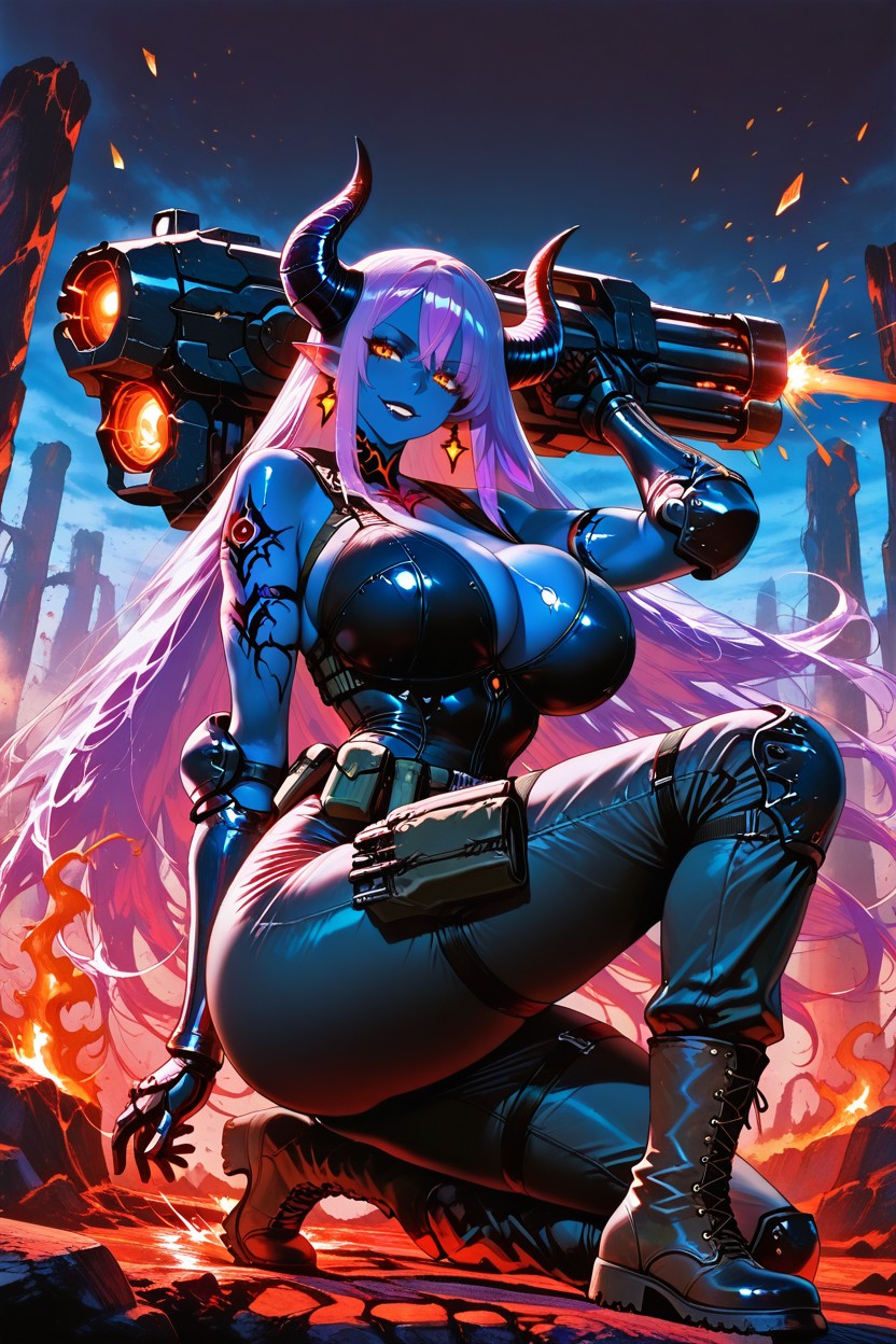 Amused While Aiming The Cannon, Heavy Boots, Armored Vest Hentai AI Porn