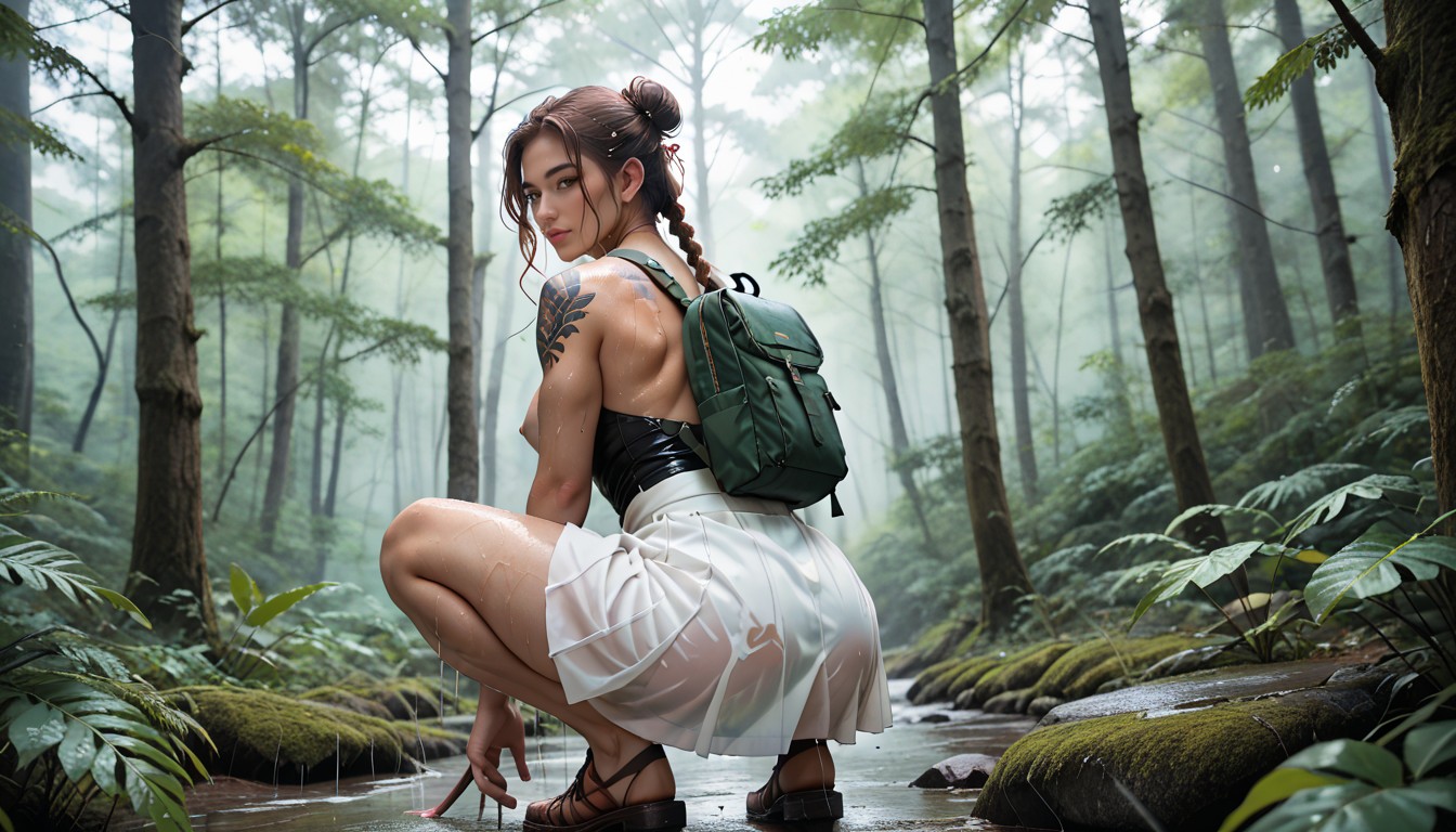 Gluteal Cleft, Squatting On The Side Of A Path, Hazel Eyes Hentai AI Porn