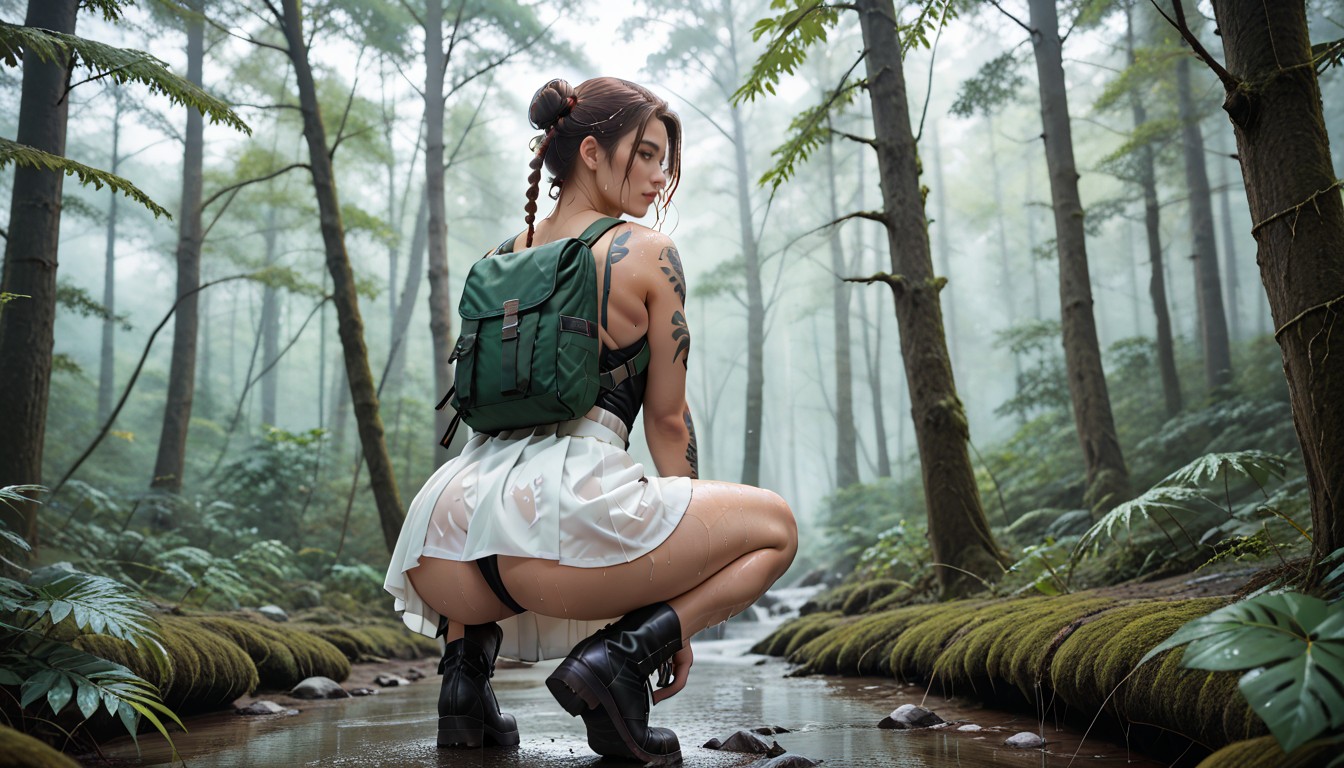 Rain Drops On The Lenses, Old Tree Trunks, Bokeh Effect With Ferns Plants In The Foreground Hentai AI Porn