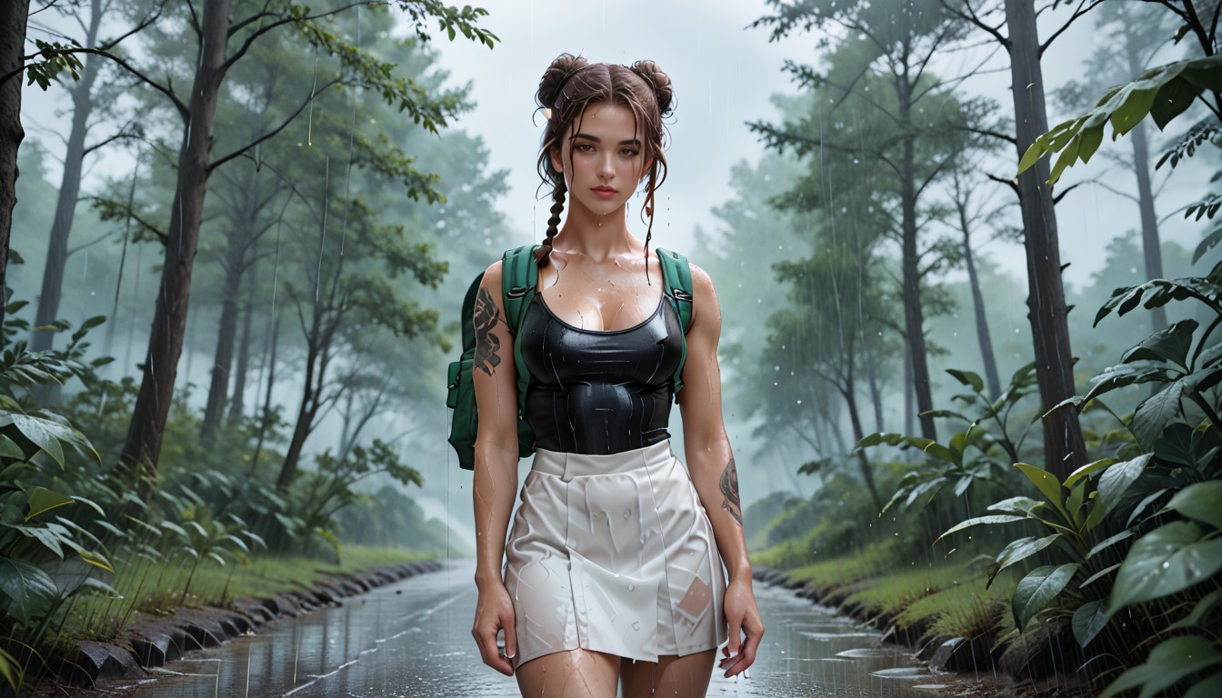 Exposed Thighs, Tattoos On Her Lower Arms, Creamy Background Blur Hentai AI Porn