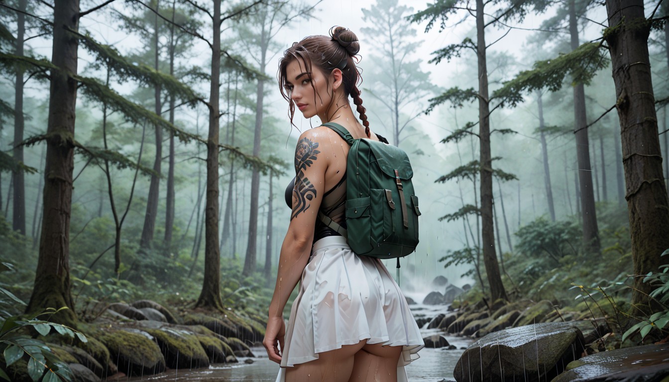 Many Trees, Wet Brunette Braided Hair, Rain Hentai AI Porn