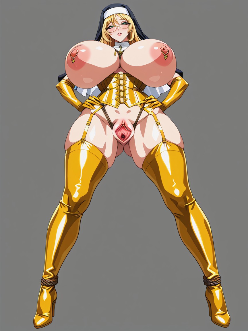 Large Ass, Long Gold Latex Arm Gloves, Open Pussy Hentai AI Porn