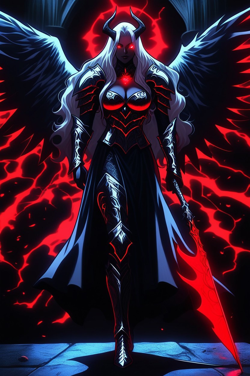 Jet Black With Red Crystal Details, Dark Fantasy Pale Porcelain Skin, Solo Hentai AI Porn