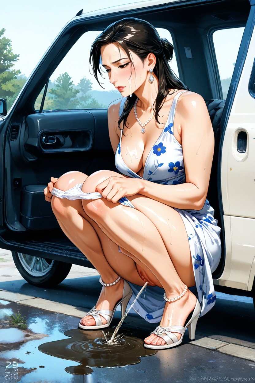 White Summer Dress Lifted To Waist, Very Close To Car Door, Squatting Hentai AI Porn