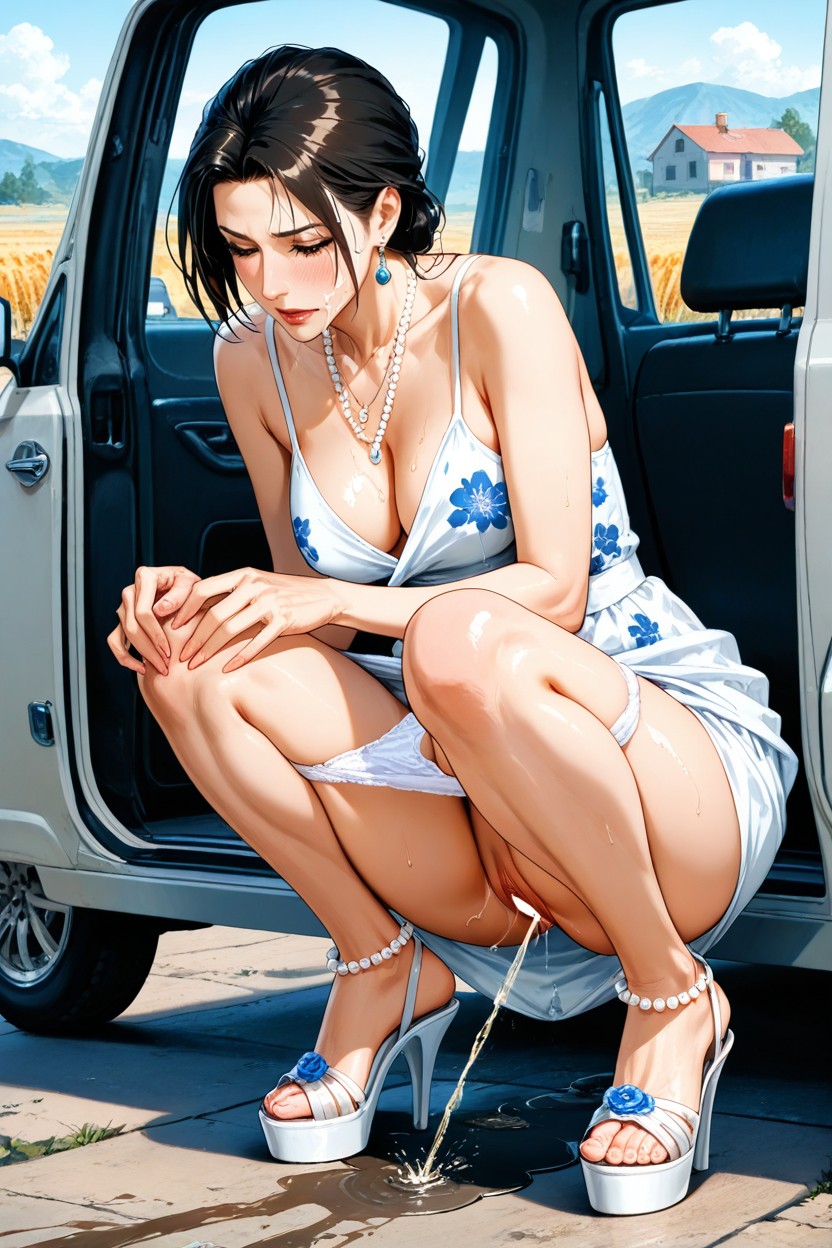 Urine Dripping From Pussy, White Summer Dress Lifted To Waist, Detailed Crotch Hentai AI Porn