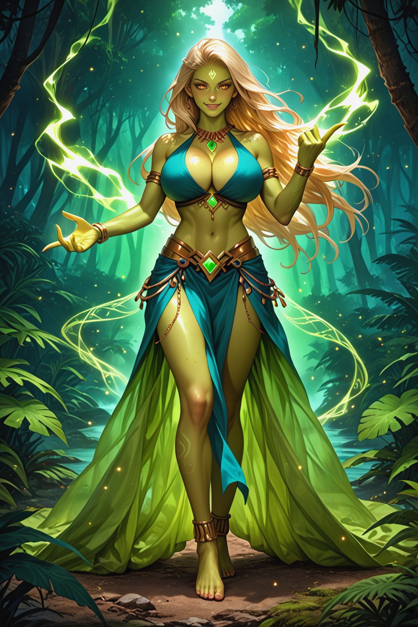 Amber Eyes, Dynamic Hand Gesture, Glowing Particles And Light Trails Alien Jungle Exploration Scene Hentai AI Porn