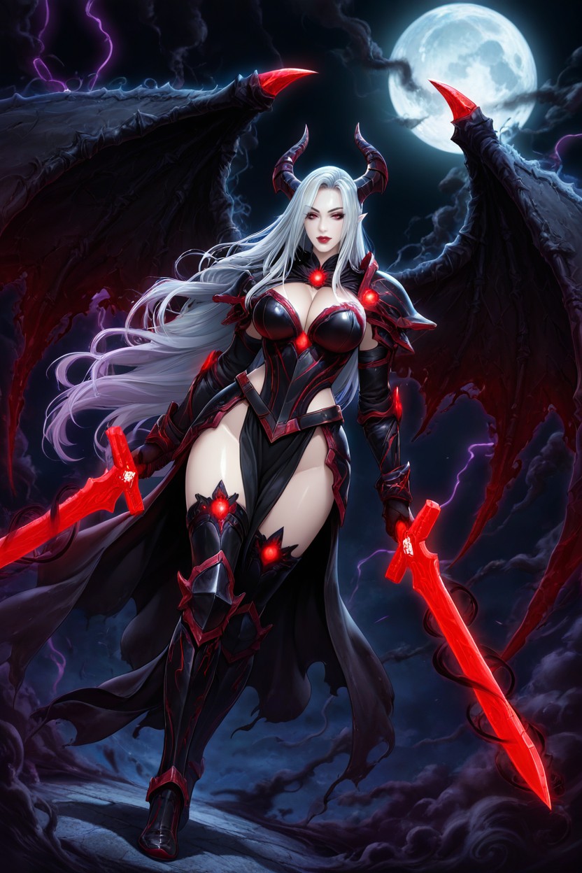 Shiny Black Armor Accented With Red Gems Covering The Shoulders, Solo, And Legs With Sharp Hentai AI Porn