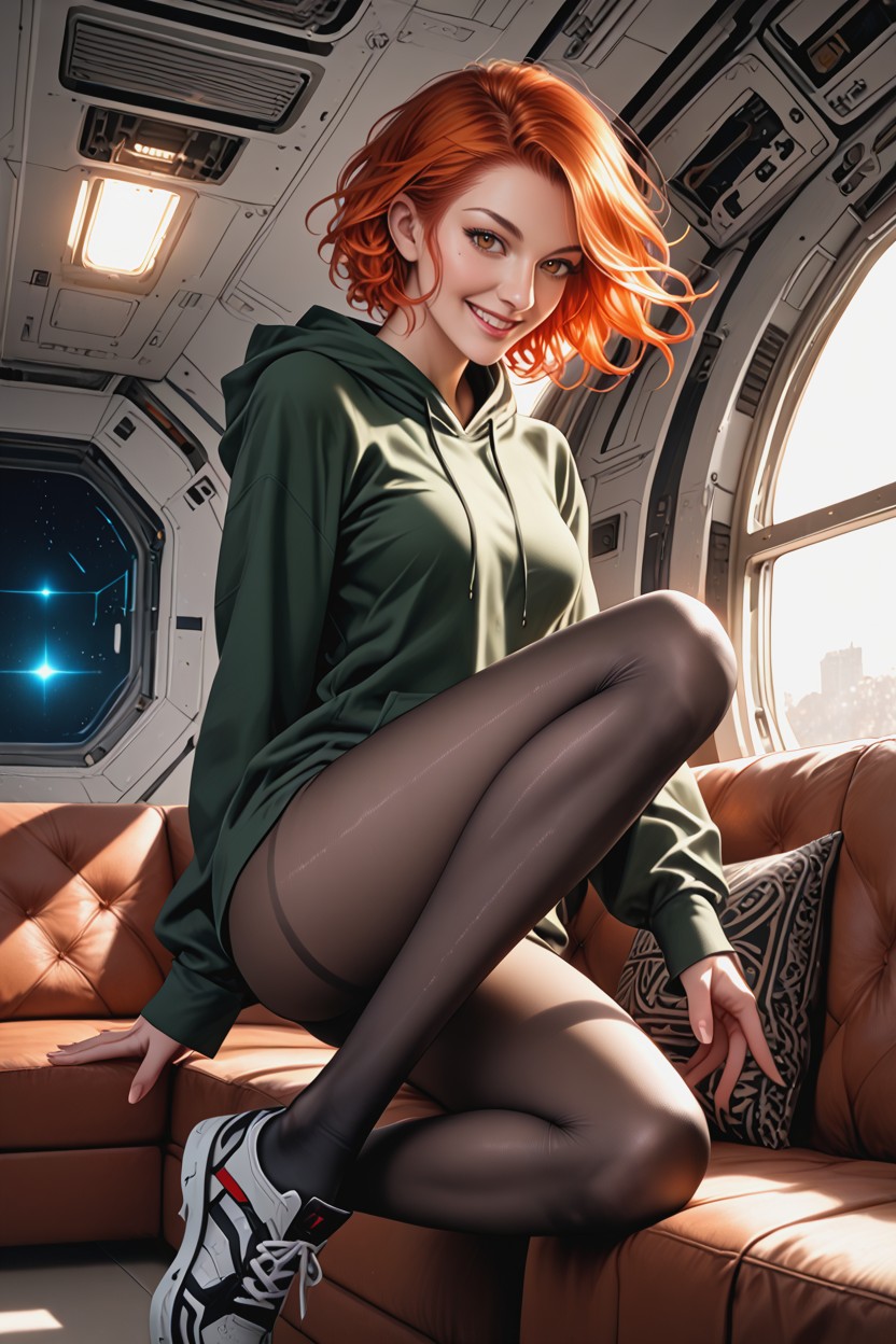 Cozy Corner With Couch Jumping Onto A Couch, Skinny, Black Leggings Hentai AI Porn